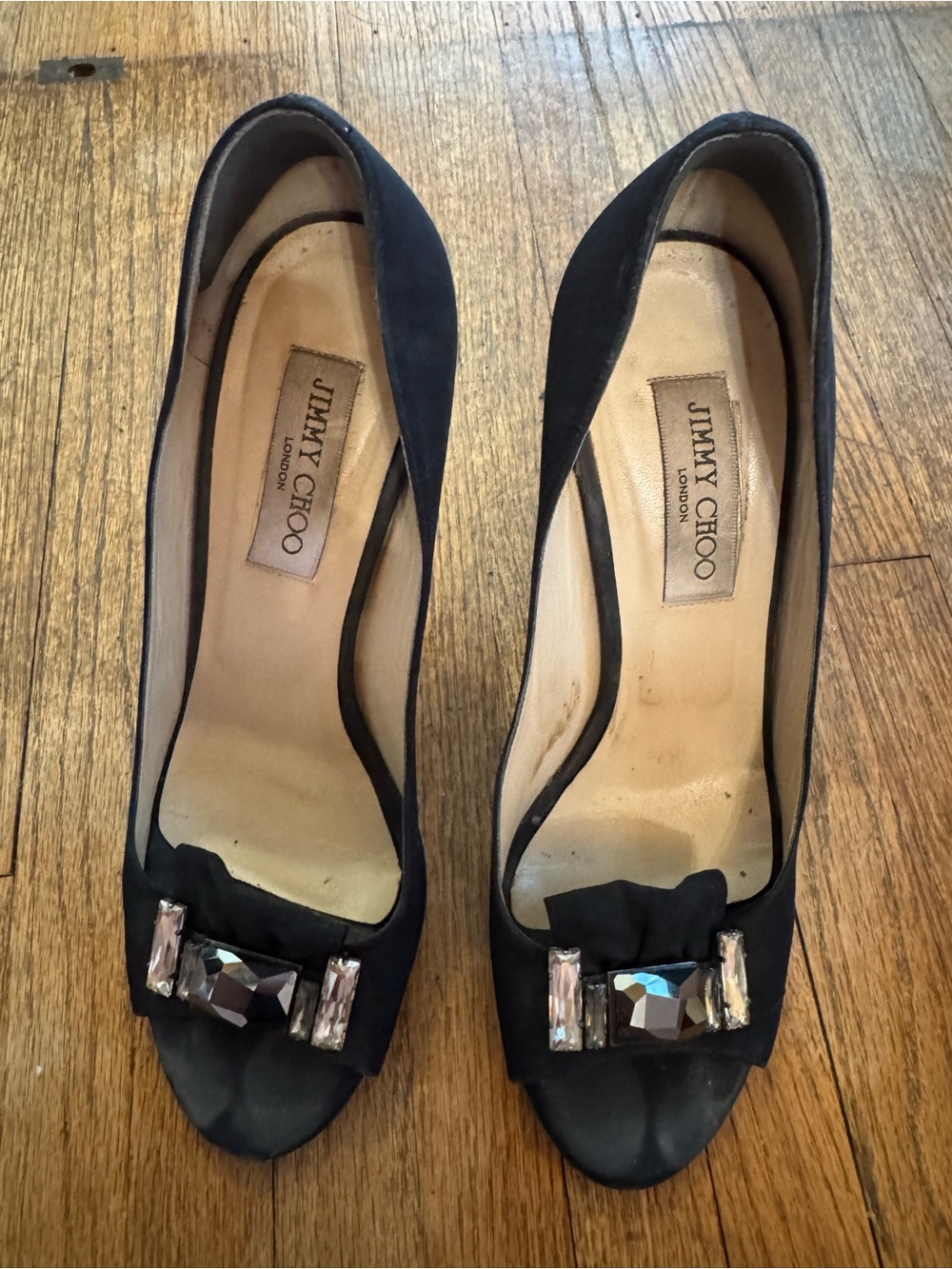 Jimmy Choo Black Satin Peep-Toe Heels with Crystal Embellishment - size 40